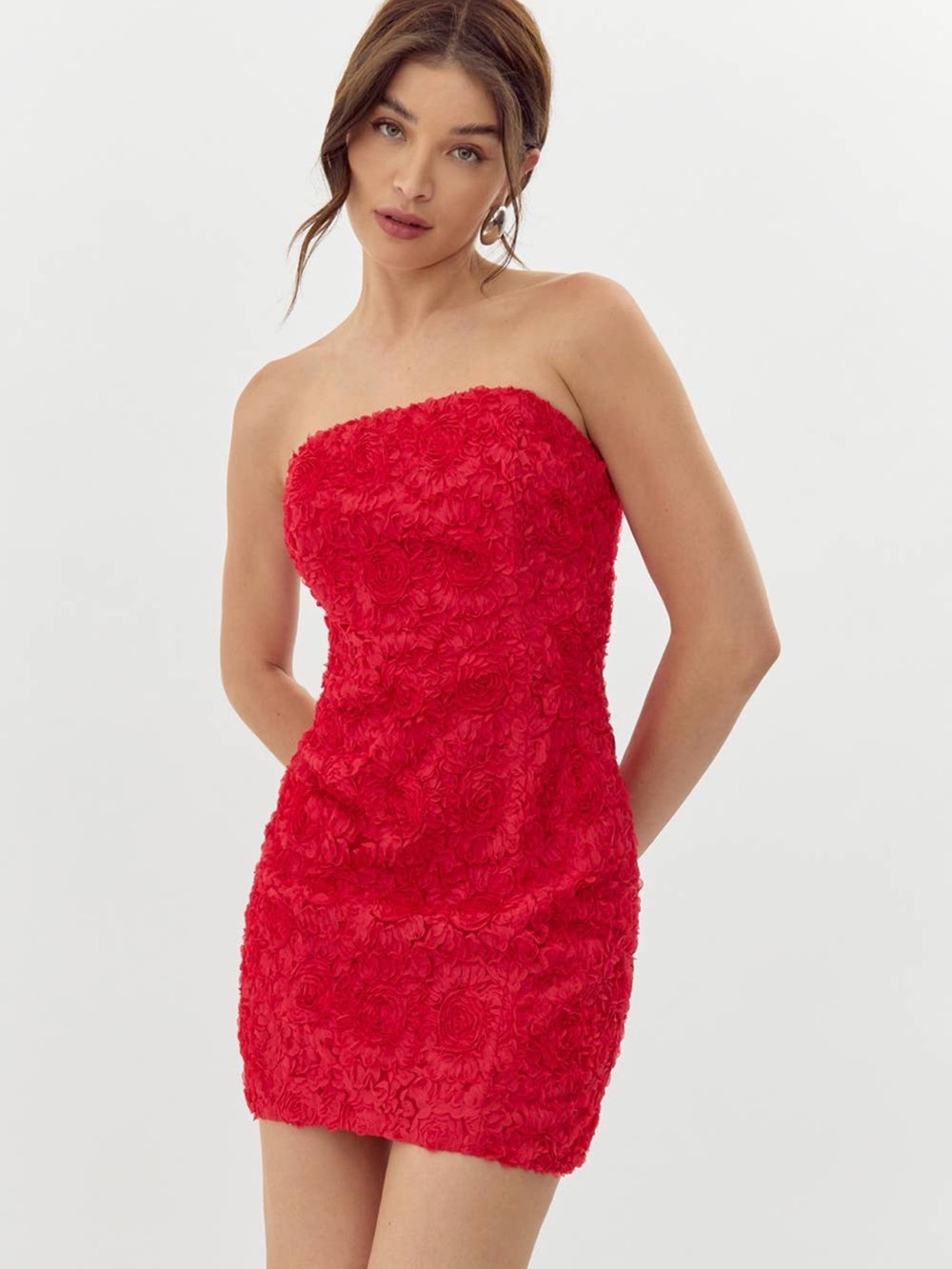 Adelyn Rae Strapless Red Floral-Texture Mini Dress